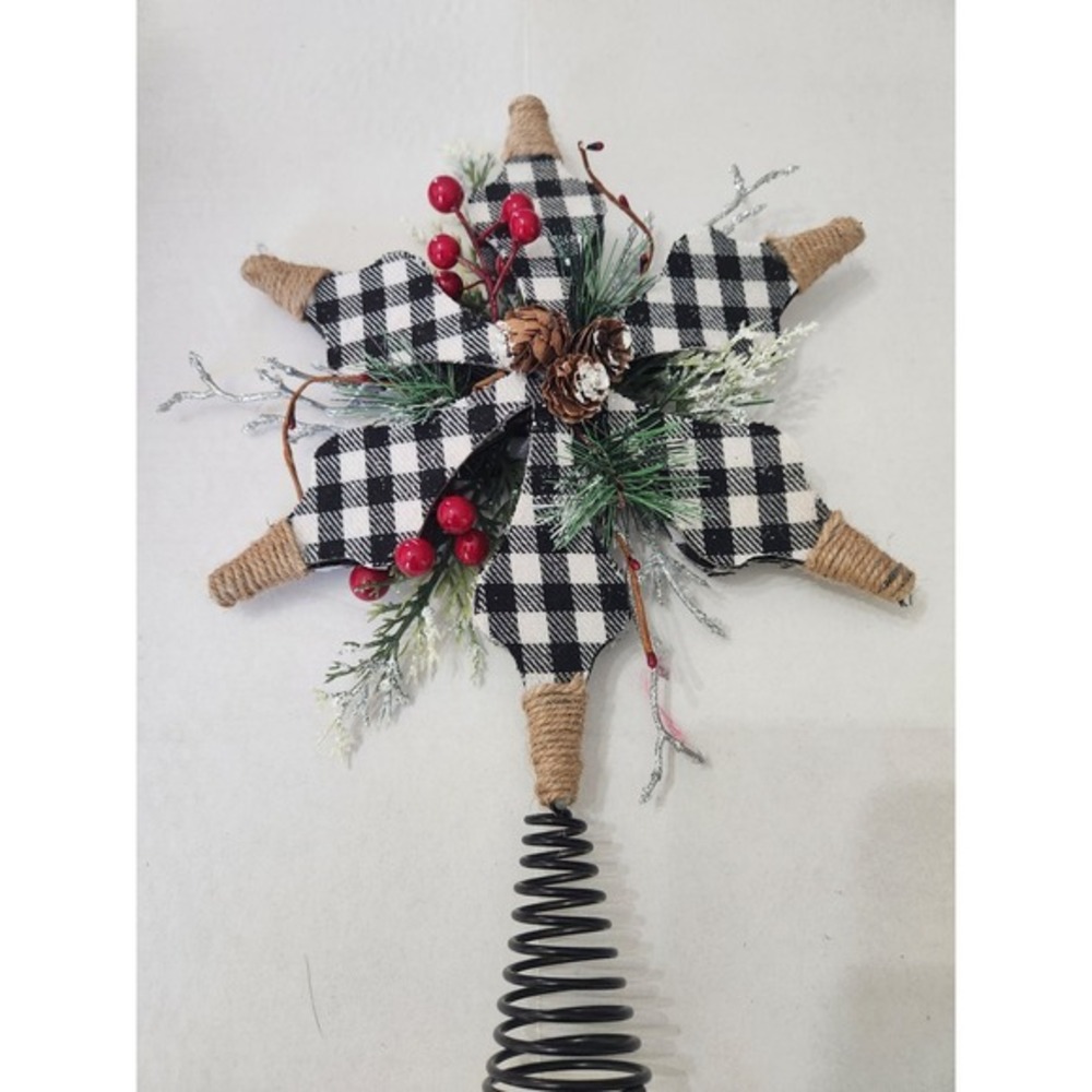 Christmas Tree Topper Black White Buffalo Plaid Star Pine Cone Berry‎ Decor